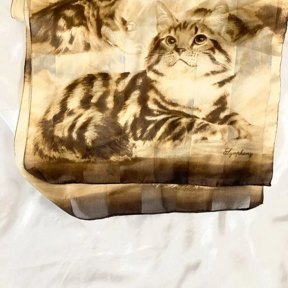 Vintage Brown Tan Cream Kitty Cat Print Silky Wrap Scarf 13.5x60